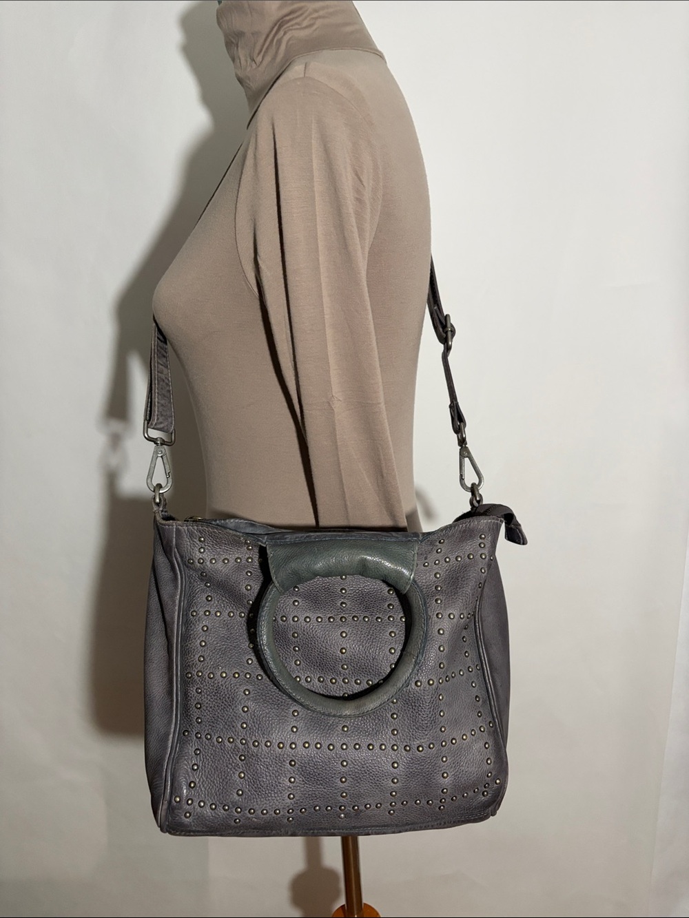 Latico Light Grey Slouchy Studded Leather Satchel Crossbody Purse Bag